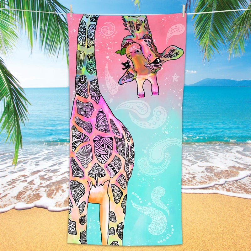 Bonsai Tree Giraffe Beach Towel, Cute Funny Teal Pink Mandala Giraffe Microfiber Bath Towel Gifts for Kids Women, Colorful Abstract Trippy Sand Free Quick Dry Travel Towels for Yoga Sports 30" x 60" - Image 1